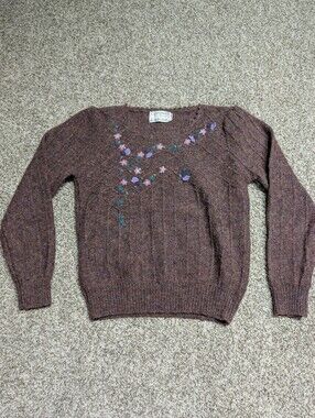 Vintage Components By Susan Bristol Hand Embroidered Cable Knit Sweater Size S